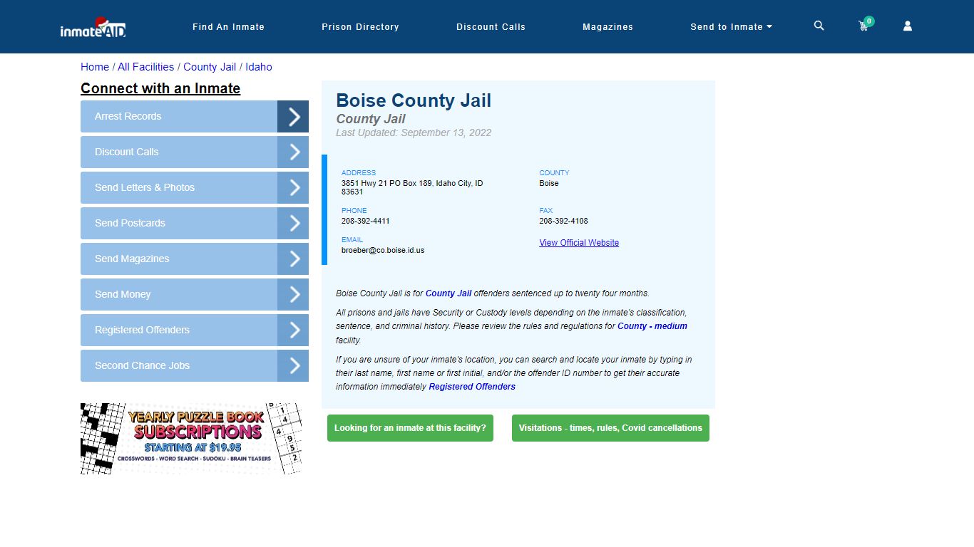 Boise County Jail - Inmate Locator - Idaho City, ID